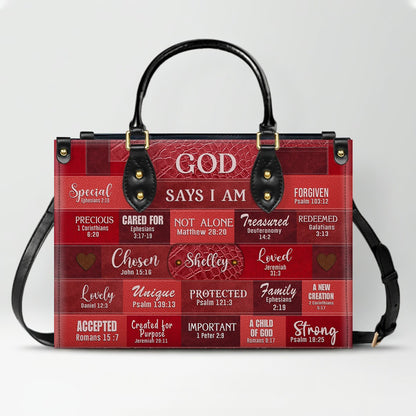 Inspirational Scripture Leather Handbag - Custom Name CHRISTIANARTBAG Tote - GOD Says I Am Red Leather Handbag.