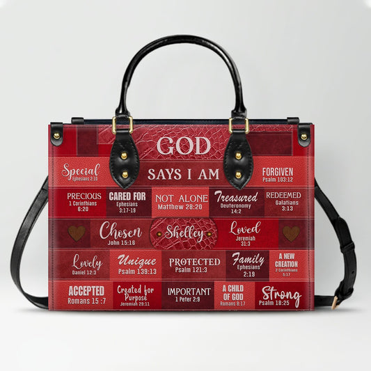 Inspirational Scripture Leather Handbag - Custom Name CHRISTIANARTBAG Tote - GOD Says I Am Red Leather Handbag.