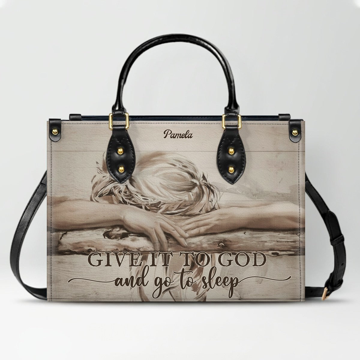 Personalized Christian Leather Handbag – “Give It To God and Go To Sleep” Faith Tote | Custom Name Purse by CHRISTIANARTBAG