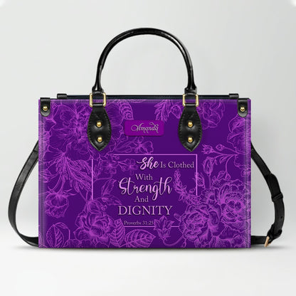 CHRISTIANARTBAG Personalized Leather Handbag | Custom Name Christian Bible Verse Tote Bag | Floral Purple Crossbody Purse for Religious Women Gift CAB017926