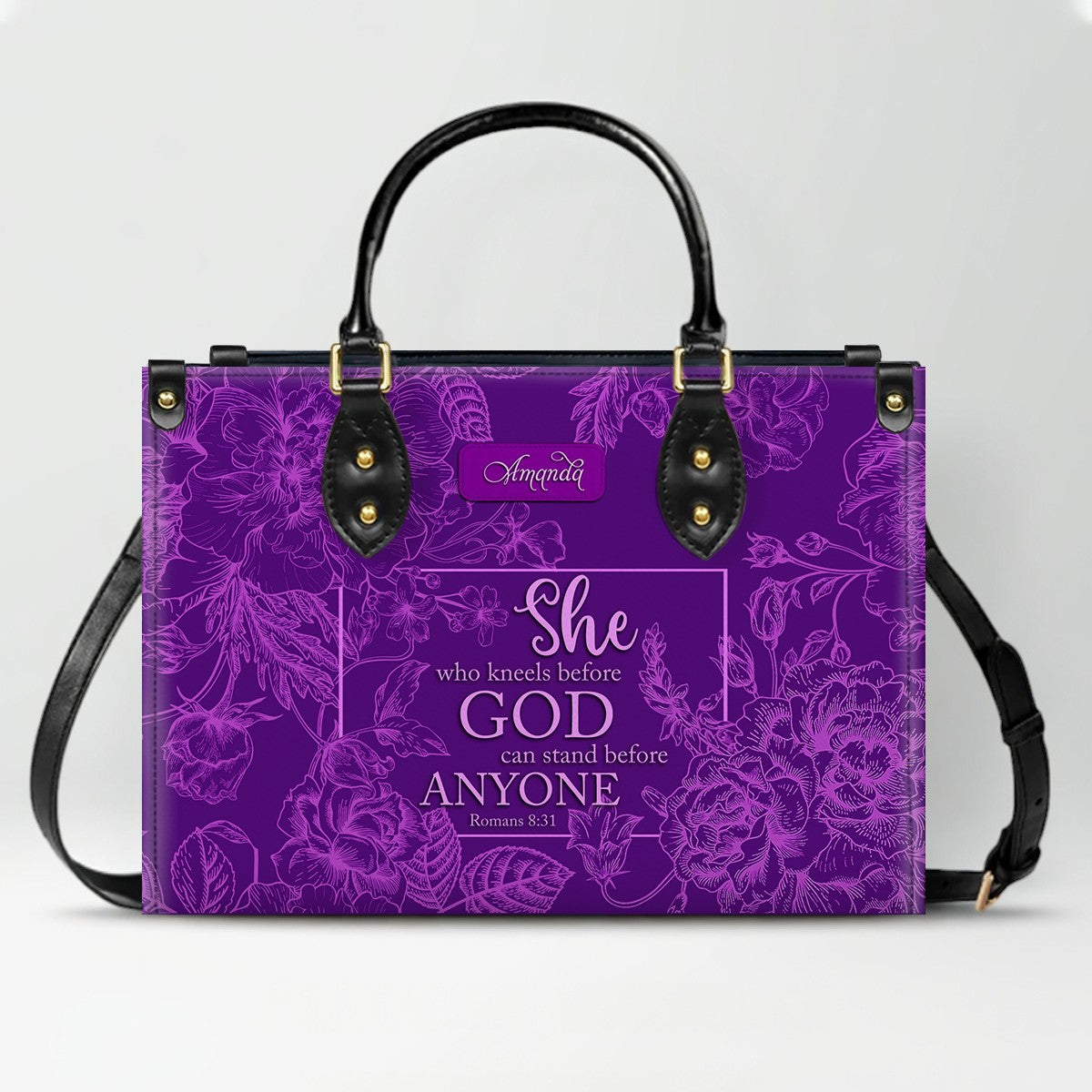 CHRISTIANARTBAG Personalized Leather Handbag | Custom Name Christian Bible Verse Tote Bag | Floral Purple Crossbody Purse for Religious Women Gift CAB017926