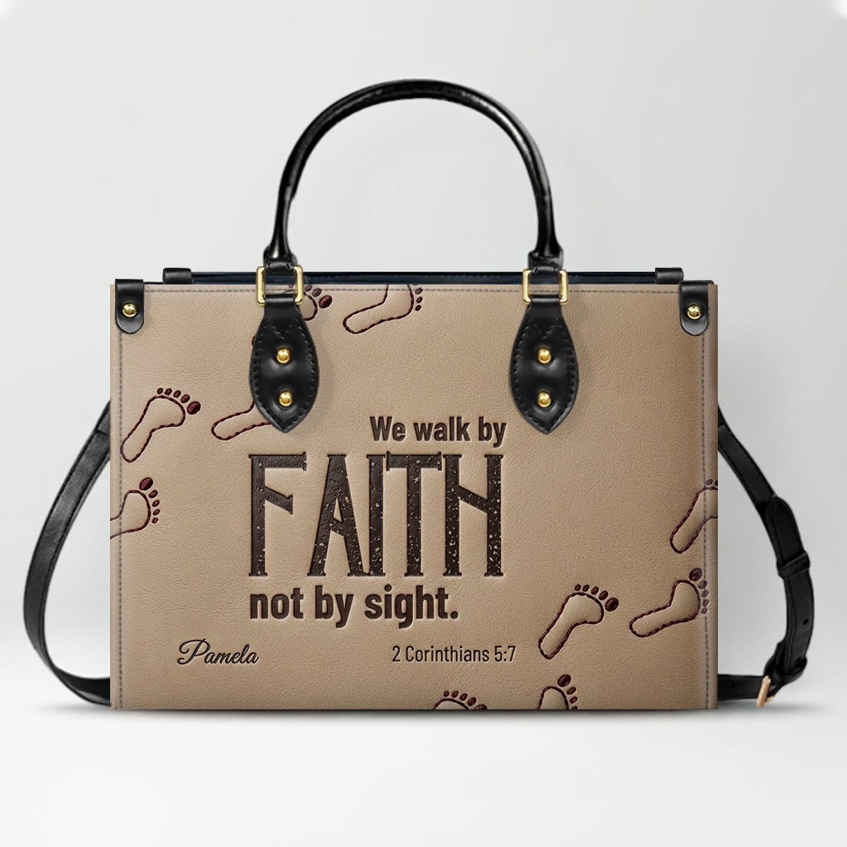 Custom Name "We Walk By Faith" Christian Leather Handbag – Personalized Faith-Based Women’s Tote Purse | CHRISTIANARTBAG 05080526