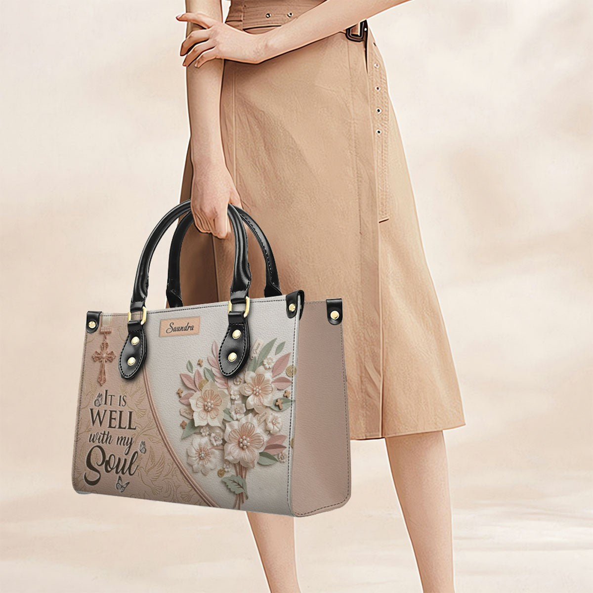 CHRISTIANARTBAG Personalized Leather Handbag and Wallet Set | Beige Custom Name Cross Purse & Long Wristlet Clutch CAB01061626