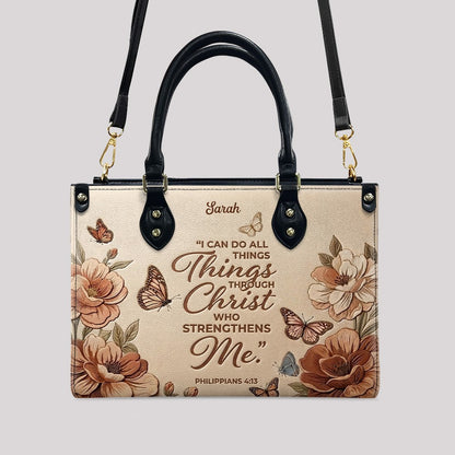 CHRISTIANARTBAG Personalized Leather Handbag – Custom Name & Bible Verse Floral Butterfly Leather Tote Bag 01073026