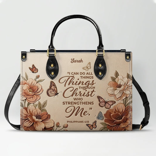 CHRISTIANARTBAG Personalized Leather Handbag – Custom Name & Bible Verse Floral Butterfly Leather Tote Bag 01073026