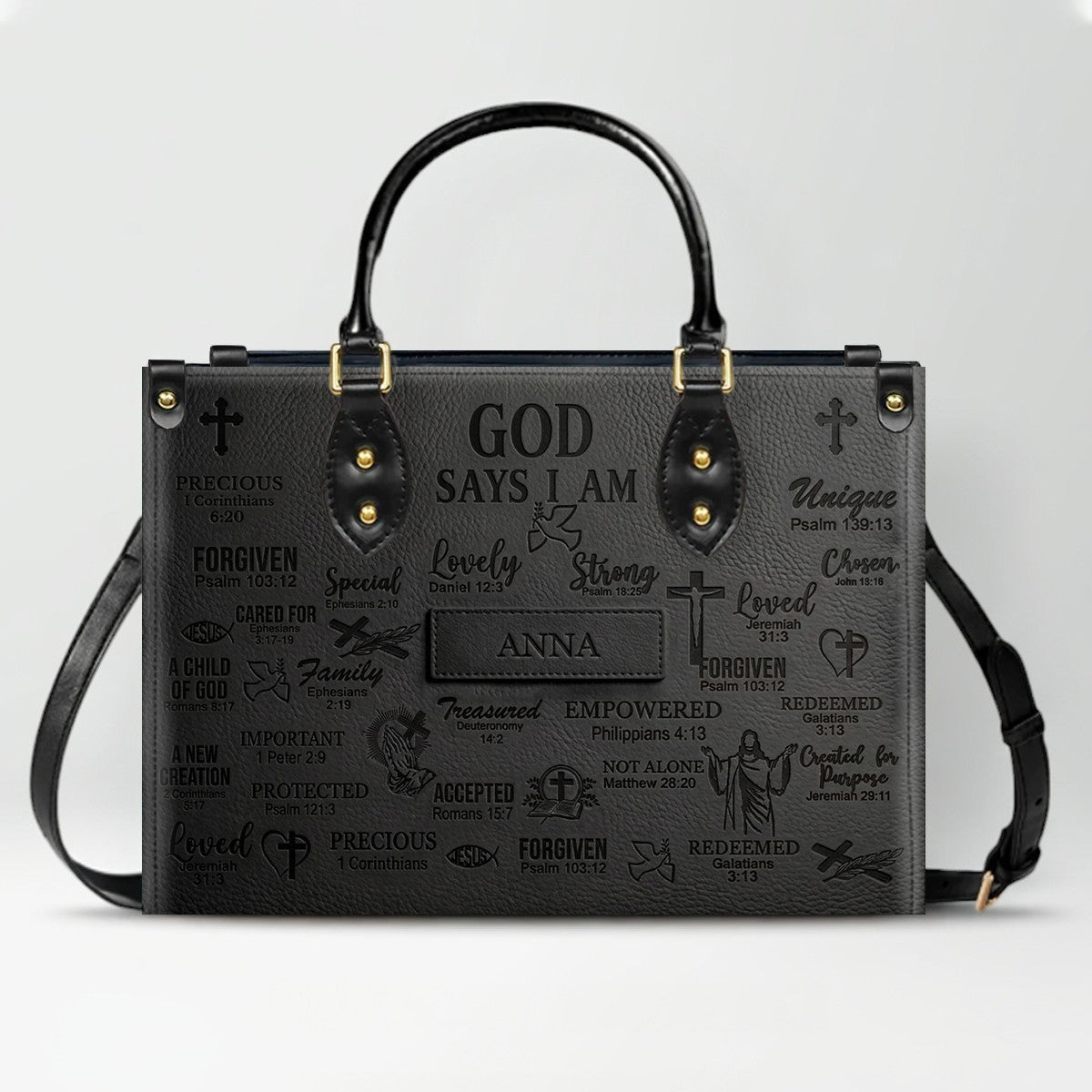 Personalized Christian Leather Handbag - Custom Name God Says I Am Bible Verse Tote Bag | CHRISTIANARTBAG 01072126