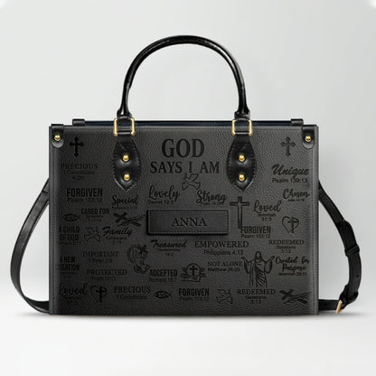 Personalized Christian Leather Handbag - Custom Name God Says I Am Bible Verse Tote Bag | CHRISTIANARTBAG 01072126