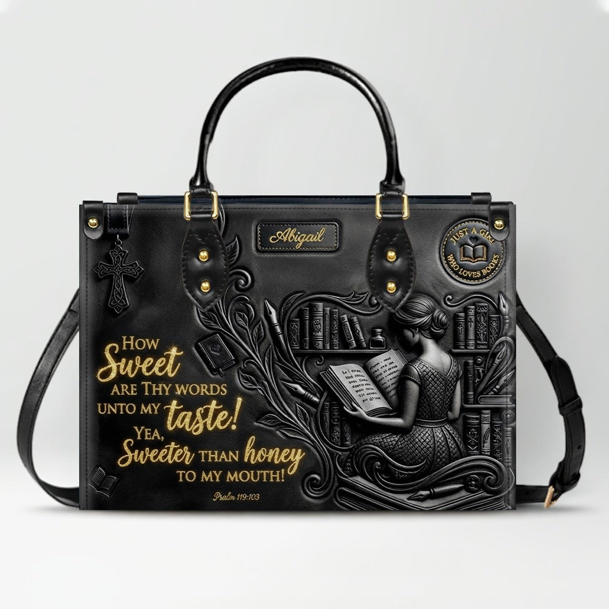Personalized Bible Verse Leather Handbag | Scripture Psalm 119:103 Book Lover Gift | Just A Girl Who Loves Books Tote | CHRISTIANARTBAG 01072026