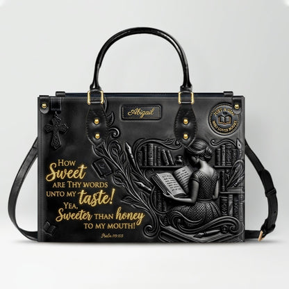 Personalized Bible Verse Leather Handbag | Scripture Psalm 119:103 Book Lover Gift | Just A Girl Who Loves Books Tote | CHRISTIANARTBAG 01072026