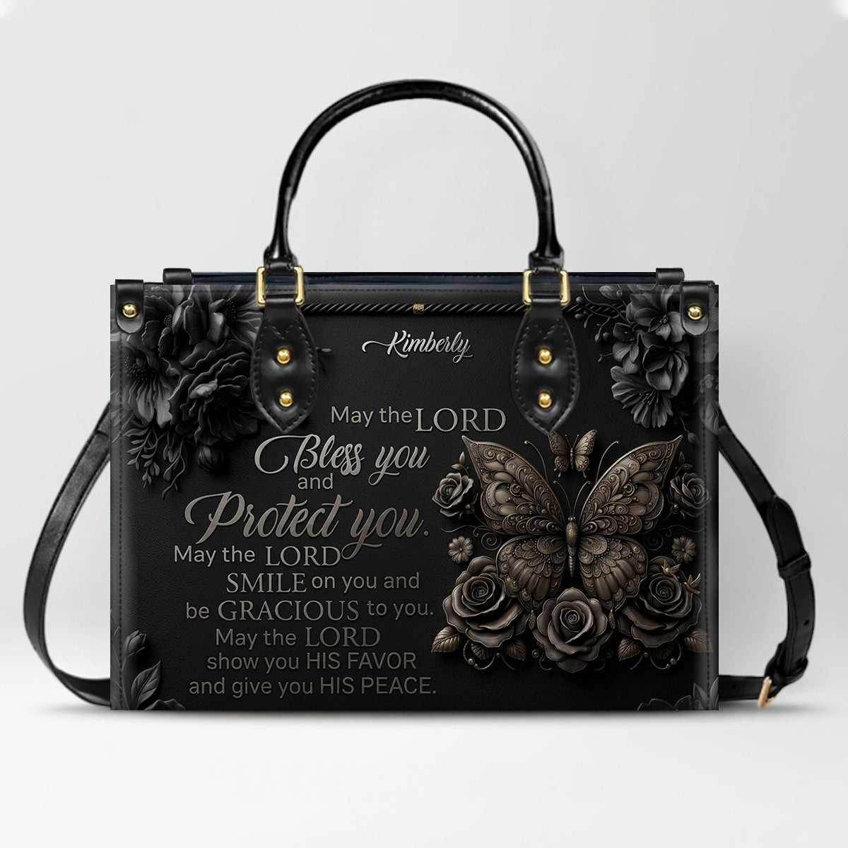 CHRISTIANARTBAG Personalized Leather Handbag, Custom Name & Color, "May The Lord Bless You" Butterfly & Floral Design, Luxury Christian Tote Bag CAB01072226
