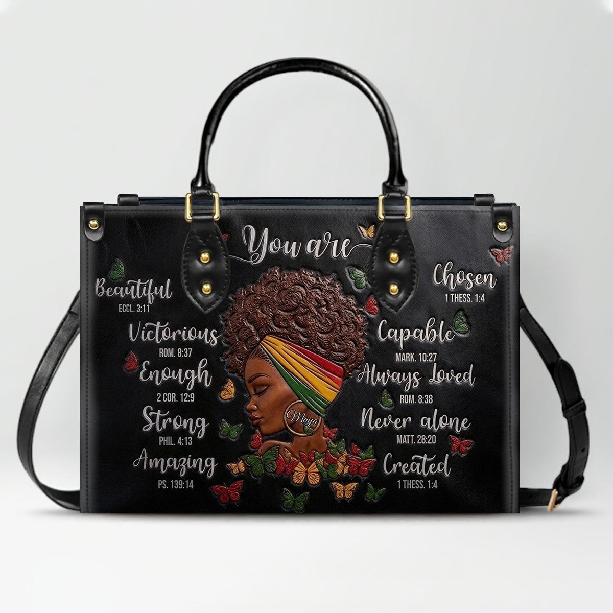 CHRISTIANARTBAG Personalized Leather Handbag - Custom Maya Green | African American Christian Gifts "You Are Beautiful" Bible Verse Shoulder Bag