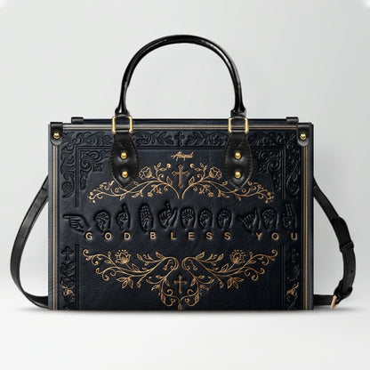Personalized Christian ASL God Bless You Leather Handbag - Custom Name Christian Leather Tote Bag - CHRISTIANARTBAG CAB01101426