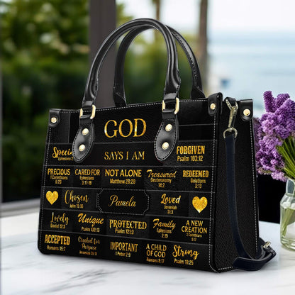 Personalized Christian Leather Handbag – “God Says I Am” Bible Verse Tote for Women | CHRISTIANARTBAG