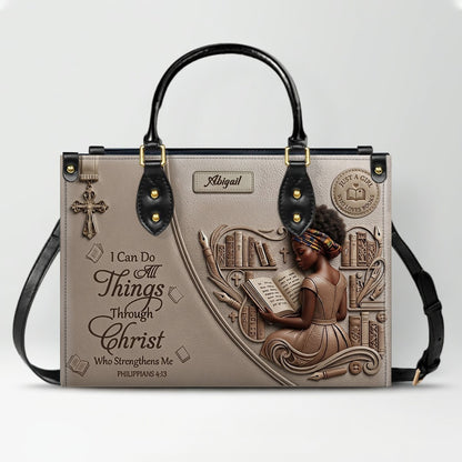 Personalized Leather Handbag | Girl Loves Books - I Can Do All Things Through Christ | CHRISTIANARTBAG CAB0171826