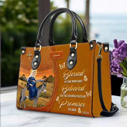 Personalized Leather Handbag for Women - Blessed Mother Art - Saffron Brown Tote by CHRISTIANARTBAG CAB01122325