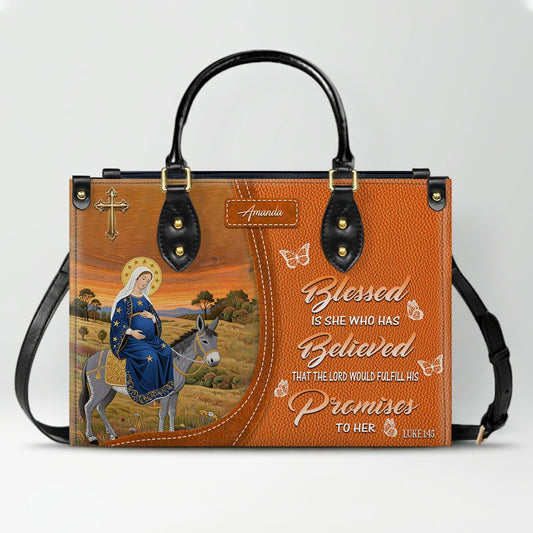 Personalized Leather Handbag for Women - Blessed Mother Art - Saffron Brown Tote by CHRISTIANARTBAG CAB01122325