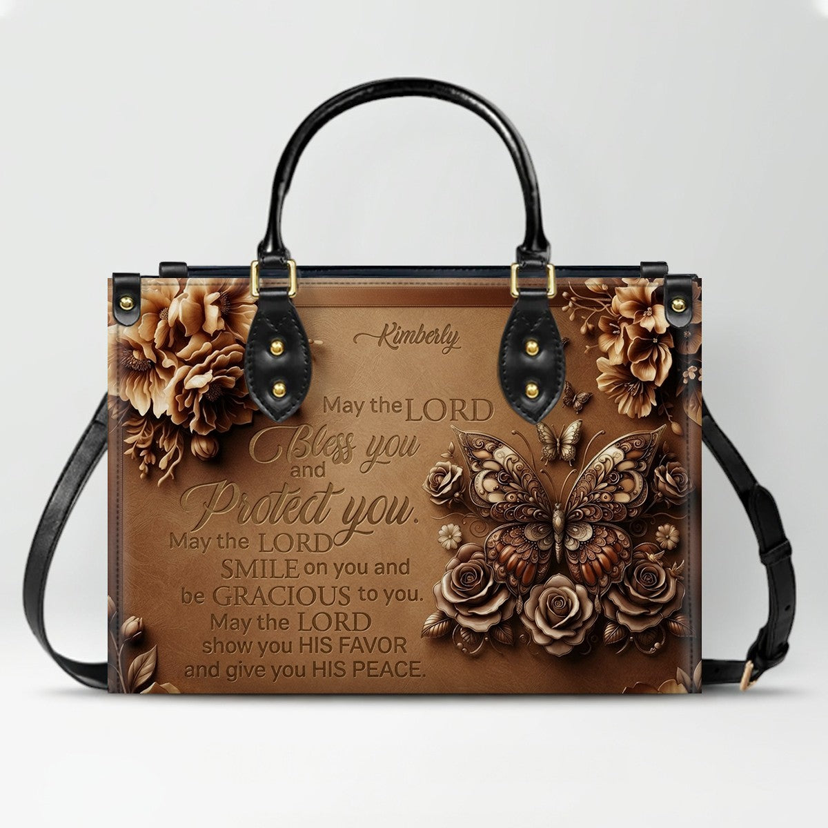 CHRISTIANARTBAG Personalized Leather Handbag, Custom Name & Color, "May The Lord Bless You" Butterfly & Floral Design, Luxury Christian Tote Bag CAB01072226