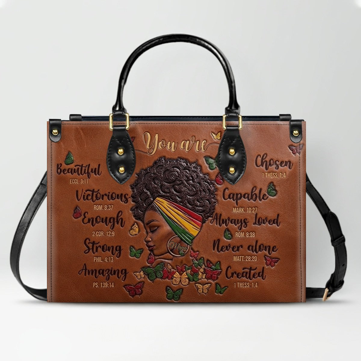 CHRISTIANARTBAG Personalized Leather Handbag - Custom Maya Green | African American Christian Gifts "You Are Beautiful" Bible Verse Shoulder Bag