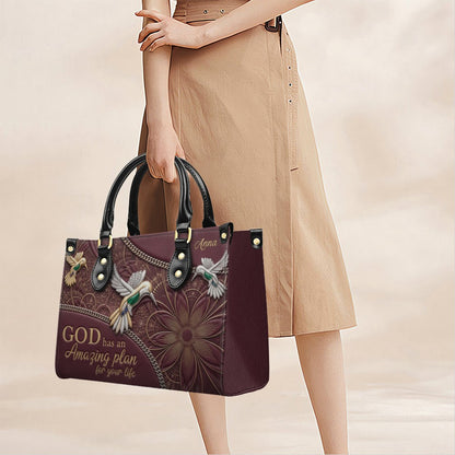 CHRISTIANARTBAG Personalized Leather Handbag - God Has An Amazing Plan For Your Life Hummingbird Floral Bag CAB01100326