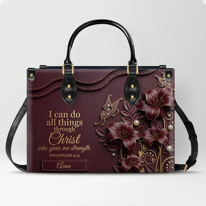 Personalized Leather Handbag - Custom Name Christian Bible Verse Philippians 4:13 Floral Butterfly Tote Bag | CHRISTIANARTBAG CA02100926