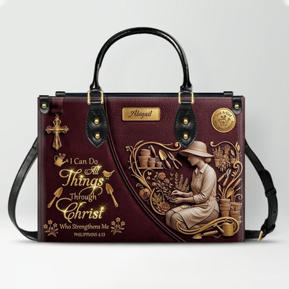 CHRISTIANARTBAG Personalized Leather Handbag - Custom Name Greige Crossbody Bag, Christian Gift for Women, Philippians 4:13 Gardening Tote CAB0171926