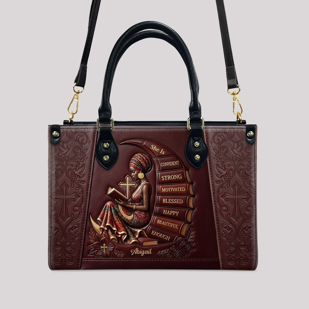 Personalized Leather Handbag for Christian Women - Custom Name, Skin Tone & Color "She Is" Affirmation Tote Bag | CHRISTIANARTBAG 01080326