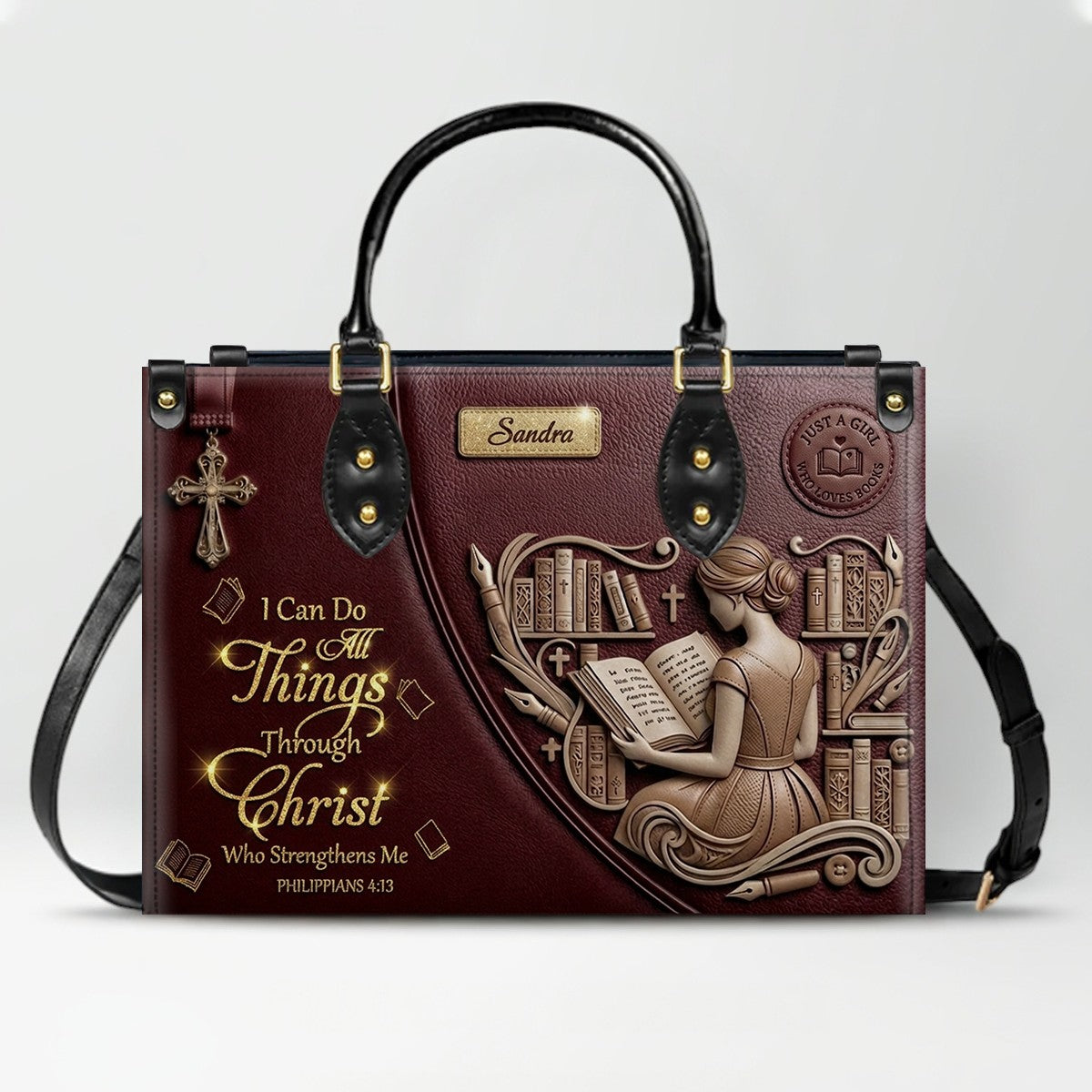 Personalized Leather Handbag | Girl Loves Books - I Can Do All Things Through Christ | CHRISTIANARTBAG CAB0171826
