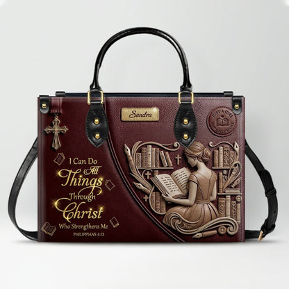 Personalized Leather Handbag | Girl Loves Books - I Can Do All Things Through Christ | CHRISTIANARTBAG CAB0171826