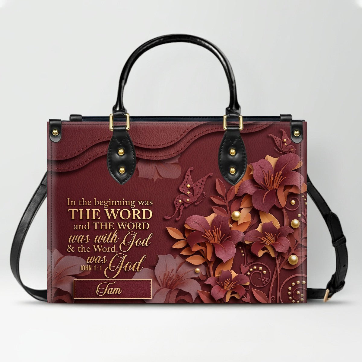 Custom Christian Leather Handbag with Name – John 1:1 Scripture Floral Purse | CHRISTIANARTBAG CA01100726