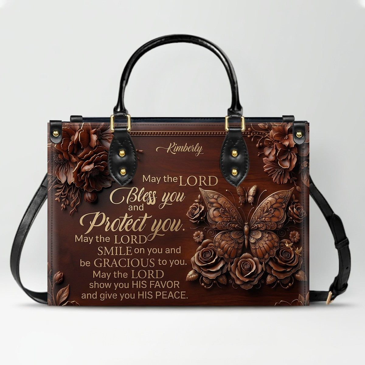 CHRISTIANARTBAG Personalized Leather Handbag, Custom Name & Color, "May The Lord Bless You" Butterfly & Floral Design, Luxury Christian Tote Bag CAB01072226