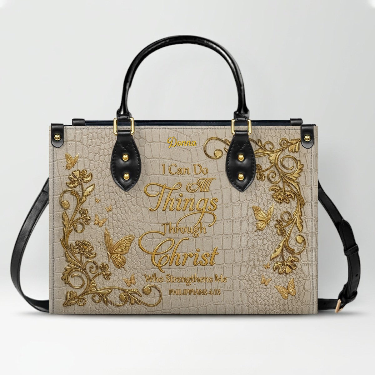 CHRISTIANARTBAG™ Personalized Leather Handbag - Custom Name "I Can Do All Things Through Christ" Philippians 4:13 Bible Verse Tote Purse