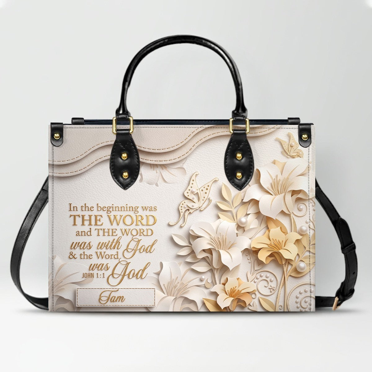 Custom Christian Leather Handbag with Name – John 1:1 Scripture Floral Purse | CHRISTIANARTBAG CA01100726