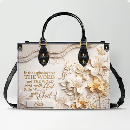 Custom Christian Leather Handbag with Name – John 1:1 Scripture Floral Purse | CHRISTIANARTBAG CA01100726