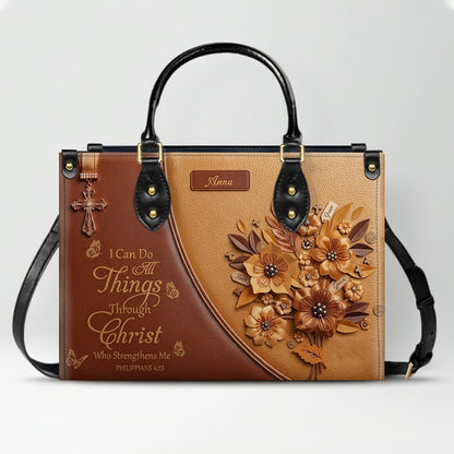 Custom Name Christian Leather Handbag by CHRISTIANARTBAG | I Can Do All Things Shoulder Bag, Religious Floral Gift for Her CAB01070126