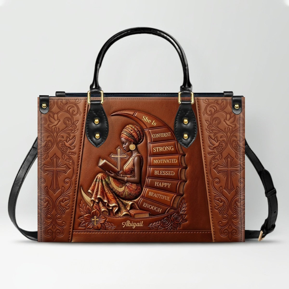 Personalized Leather Handbag for Christian Women - Custom Name, Skin Tone & Color "She Is" Affirmation Tote Bag | CHRISTIANARTBAG 01080326