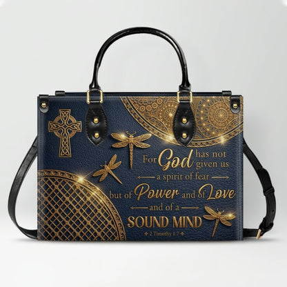 Personalized Leather Handbag | Custom Cross & Dragonfly Design - Gold Line Art - Religious Gift for Women - 2 Timothy 1:7 Scripture | CHRISTIANARTBAG CAB0171526