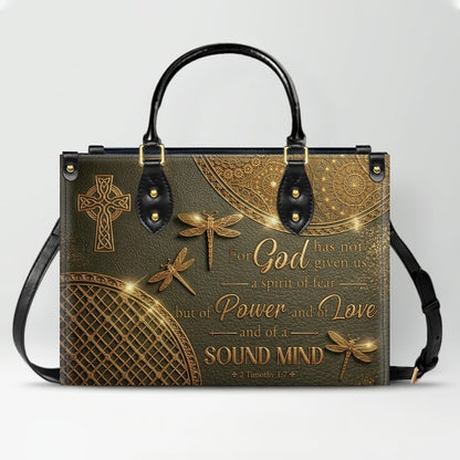 Personalized Leather Handbag | Custom Cross & Dragonfly Design - Gold Line Art - Religious Gift for Women - 2 Timothy 1:7 Scripture | CHRISTIANARTBAG CAB0171526
