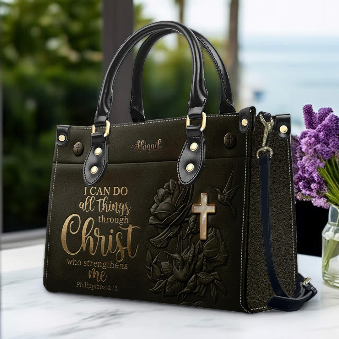 Personalized Leather Handbag for Christian Women - Custom Name "I Can Do All Things" Floral Cross Leather Purse | CHRISTIANARTBAG 01072126