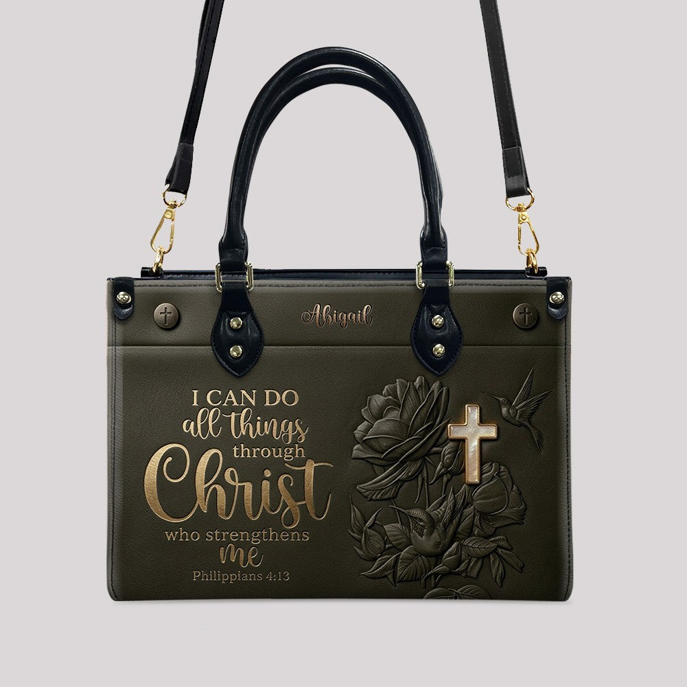 Personalized Leather Handbag for Christian Women - Custom Name "I Can Do All Things" Floral Cross Leather Purse | CHRISTIANARTBAG 01072126