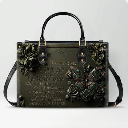 CHRISTIANARTBAG Personalized Leather Handbag, Custom Name & Color, "May The Lord Bless You" Butterfly & Floral Design, Luxury Christian Tote Bag CAB01072226