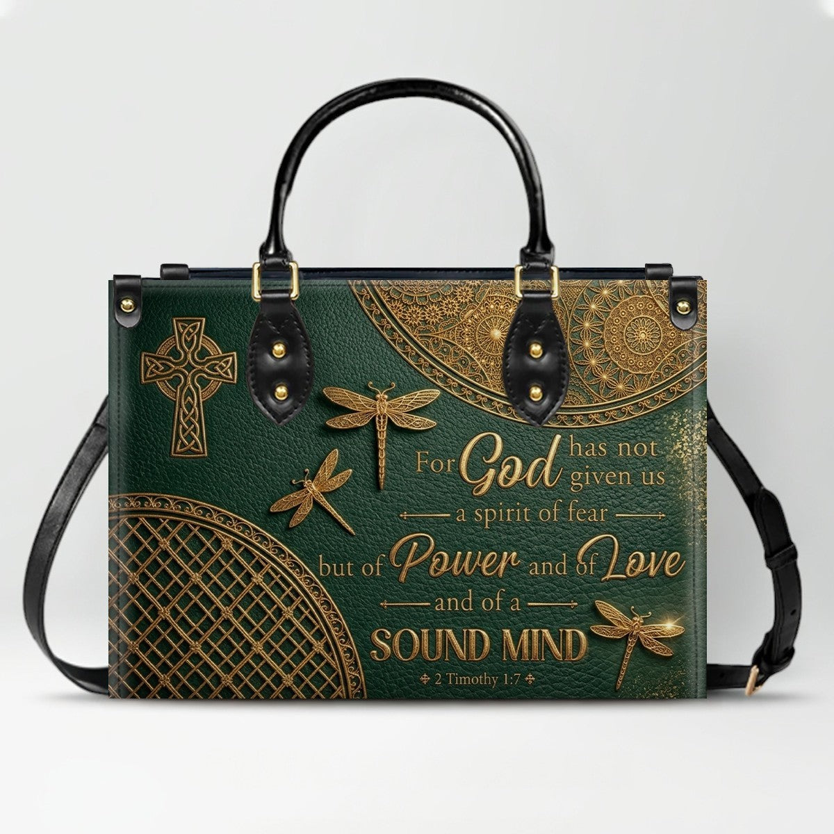 Personalized Leather Handbag | Custom Cross & Dragonfly Design - Gold Line Art - Religious Gift for Women - 2 Timothy 1:7 Scripture | CHRISTIANARTBAG CAB0171526