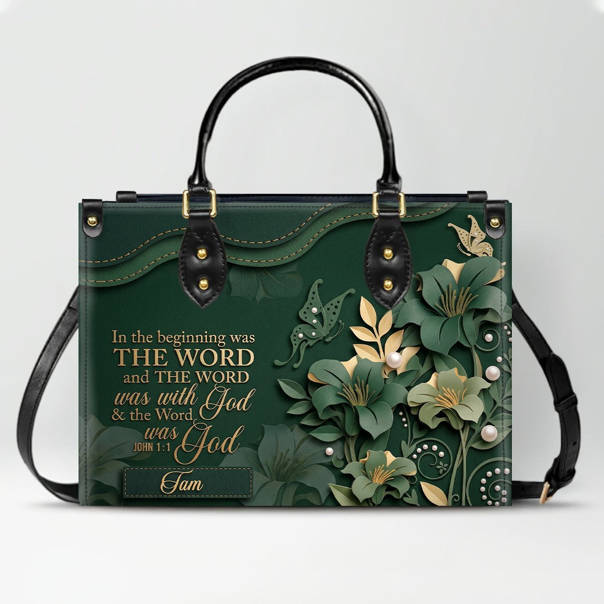 Custom Christian Leather Handbag with Name – John 1:1 Scripture Floral Purse | CHRISTIANARTBAG CA01100726