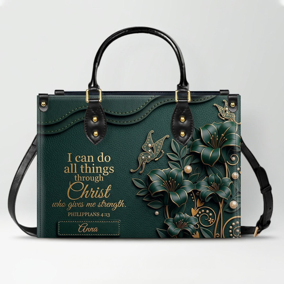 Personalized Leather Handbag - Custom Name Christian Bible Verse Philippians 4:13 Floral Butterfly Tote Bag | CHRISTIANARTBAG CA02100926