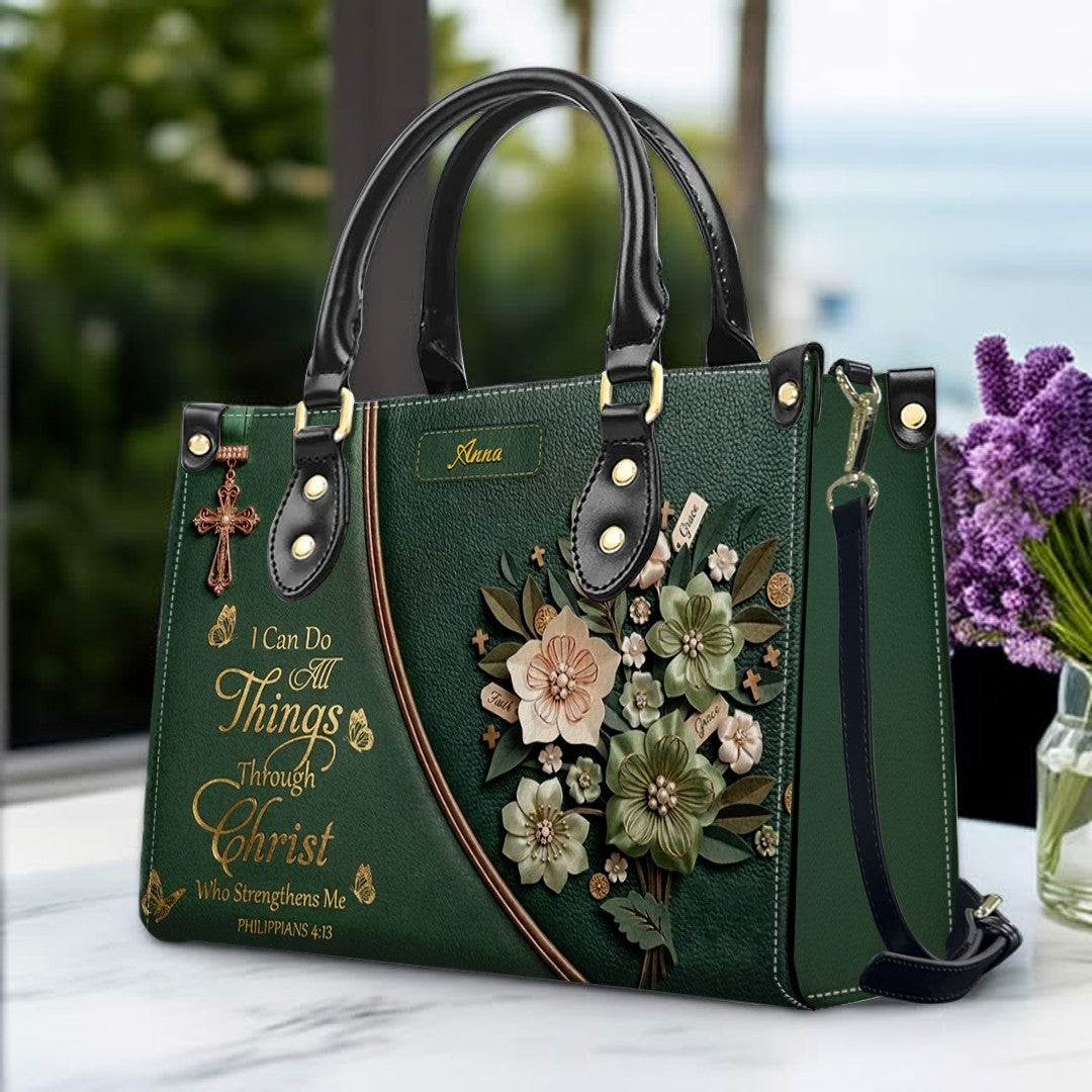 Custom Name Christian Leather Handbag by CHRISTIANARTBAG | I Can Do All Things Shoulder Bag Deep Forest Green, Religious Floral Gift for Her CAB01070226