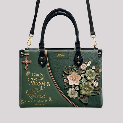 Custom Name Christian Leather Handbag by CHRISTIANARTBAG | I Can Do All Things Shoulder Bag Deep Forest Green, Religious Floral Gift for Her CAB01070226