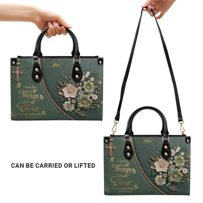 Custom Name Christian Leather Handbag by CHRISTIANARTBAG | I Can Do All Things Shoulder Bag Deep Forest Green, Religious Floral Gift for Her CAB01070226