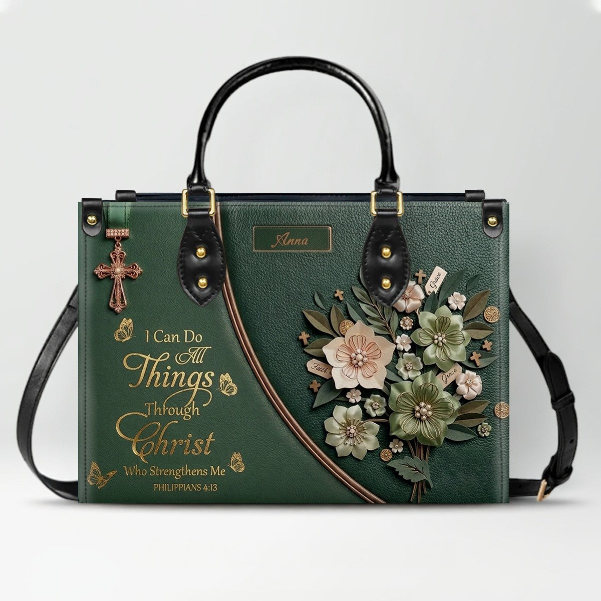 Custom Name Christian Leather Handbag by CHRISTIANARTBAG | I Can Do All Things Shoulder Bag, Religious Floral Gift for Her CAB01070126