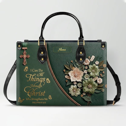 Custom Name Christian Leather Handbag by CHRISTIANARTBAG | I Can Do All Things Shoulder Bag Deep Forest Green, Religious Floral Gift for Her CAB01070226