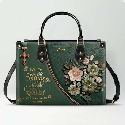 Custom Name Christian Leather Handbag by CHRISTIANARTBAG | I Can Do All Things Shoulder Bag Deep Forest Green, Religious Floral Gift for Her CAB01070226
