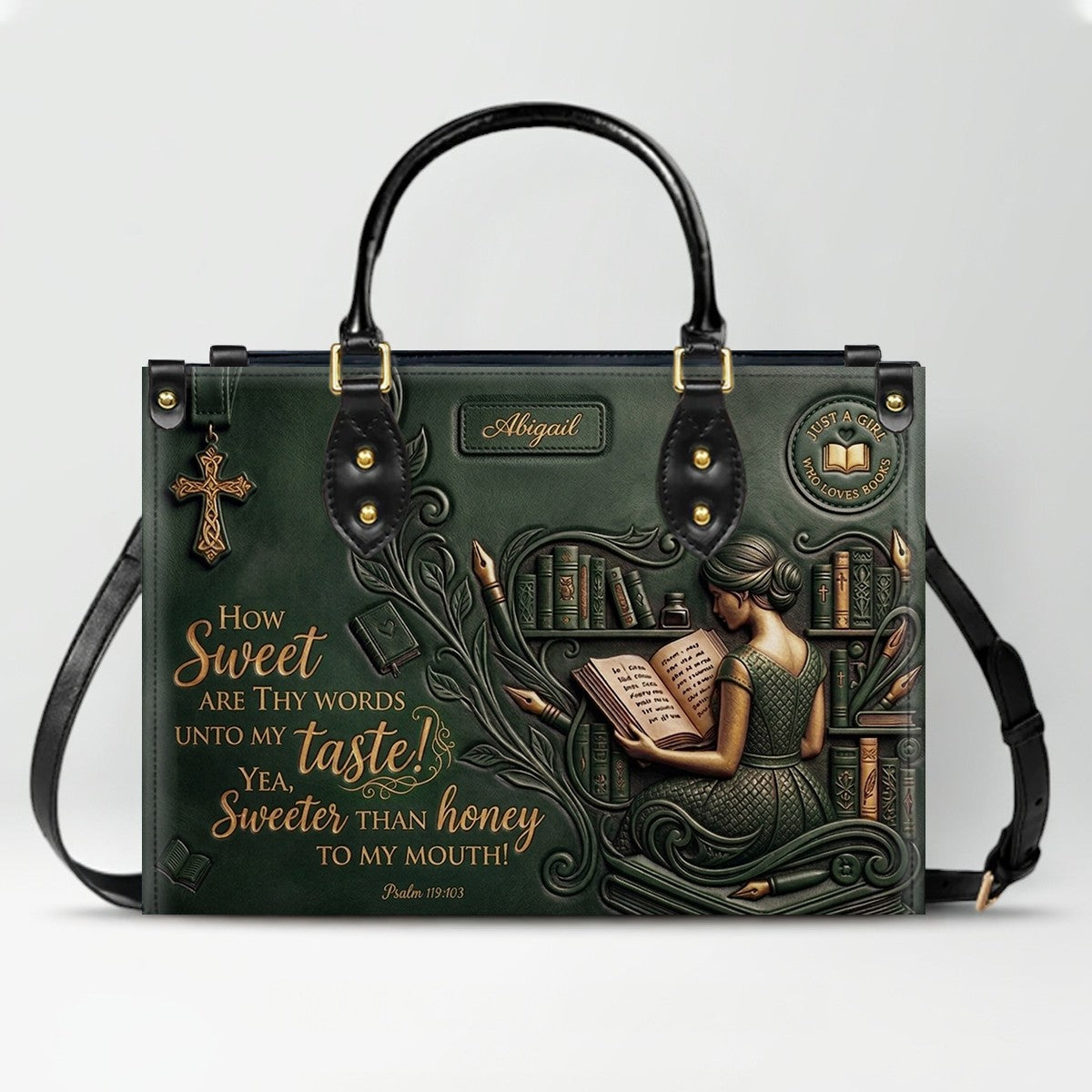 Personalized Bible Verse Leather Handbag | Scripture Psalm 119:103 Book Lover Gift | Just A Girl Who Loves Books Tote | CHRISTIANARTBAG 01072026